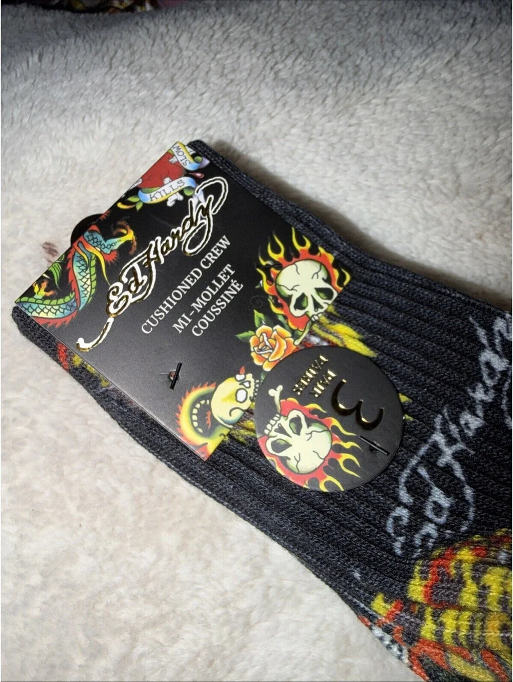 ED HARDY Mens Cushioned Designer CREW SOCKS 3 Pair Stretch Black
